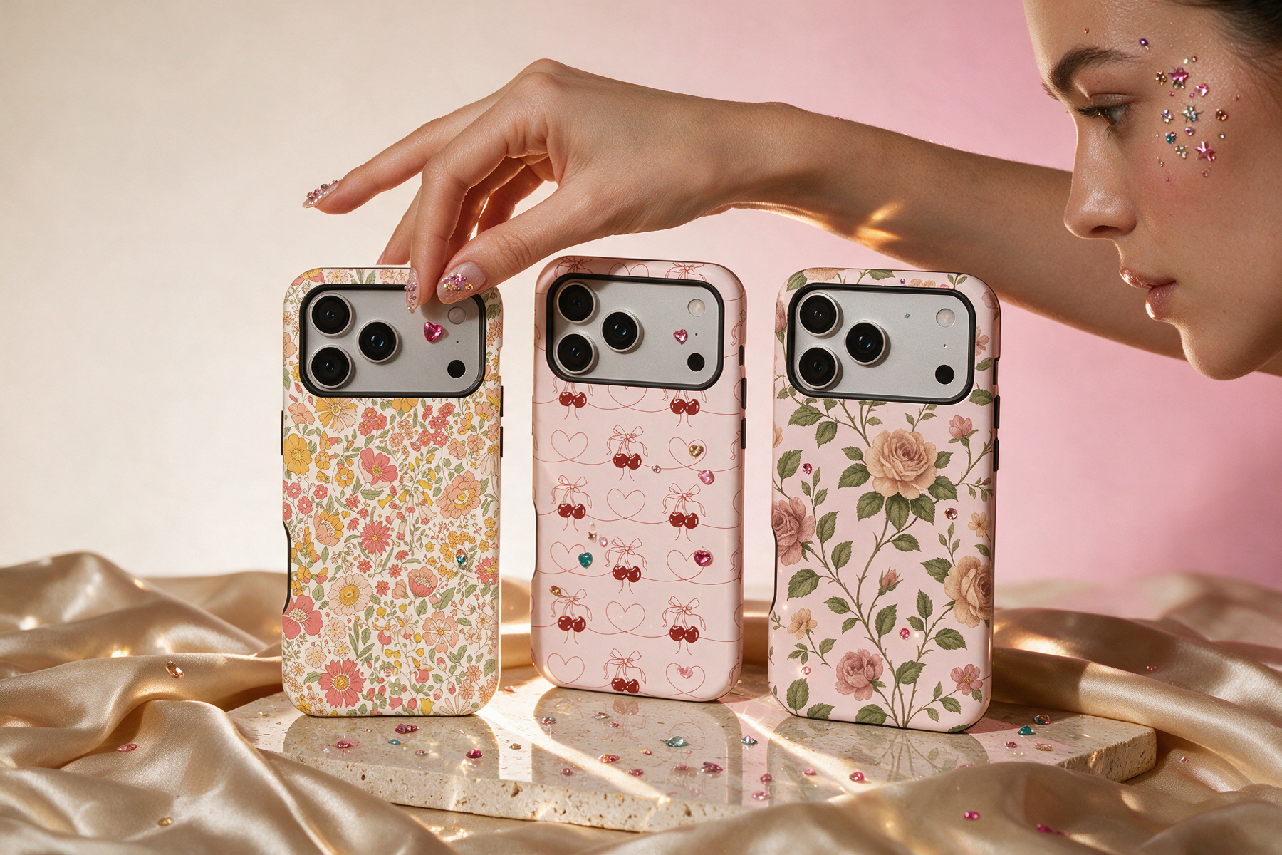Three bedazzled Coverlab cases on silk